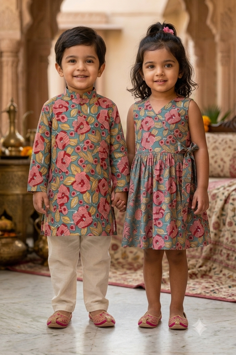 Blue Red Floral Kurta Pajama Sets for Boys| Pure Cotton