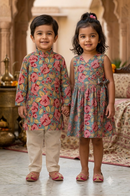 Blue Red Floral Kurta Pajama Sets for Boys| Pure Cotton