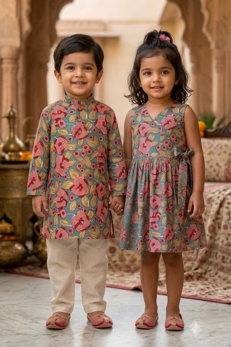 Blue Red Floral Siblings Twinning Outfit| Pure Cotton