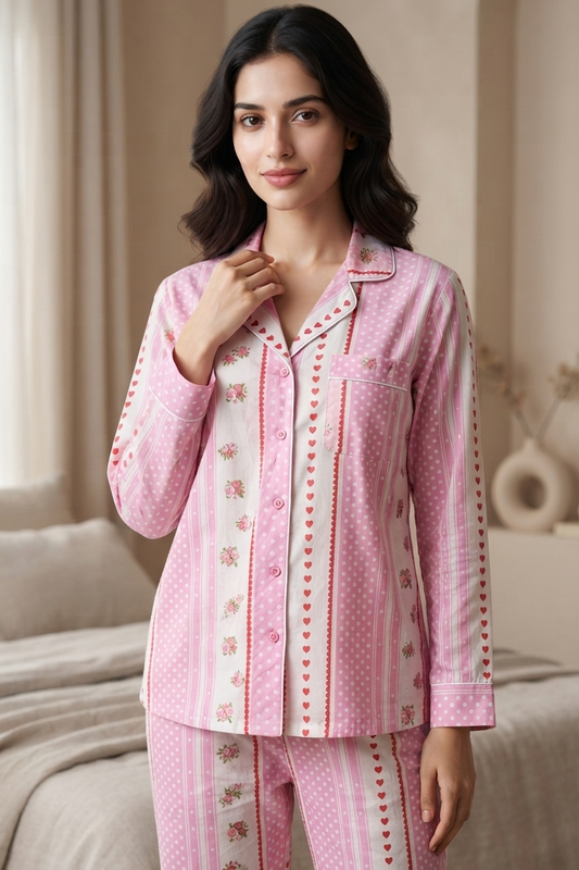 Pink Floral Nightsuit For Women| Pure Cotton