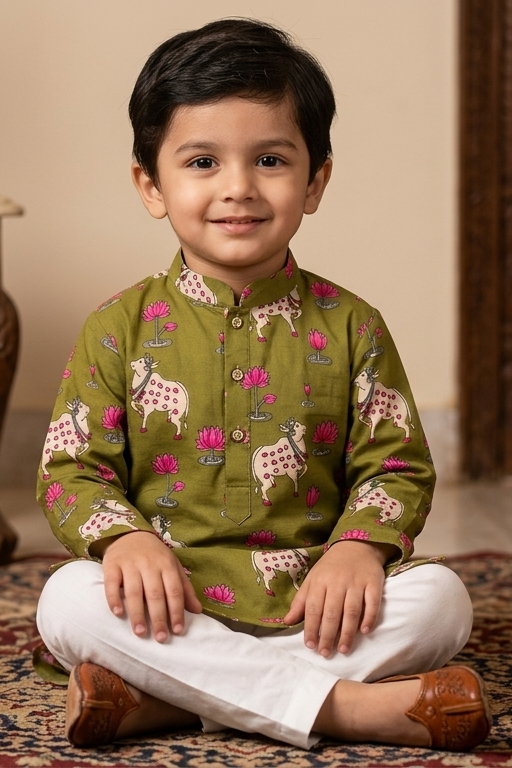 Green Pichwai Kurta Pajama Sets for Boys|Pure Cotton