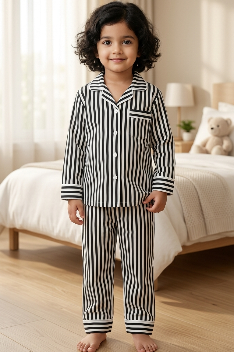 Black Strip Nightsuits for kids| Unisex| Pure Cotton