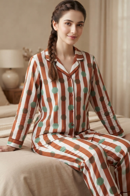 Brown Polka dot Nightsuit For Women| Pure Cotton
