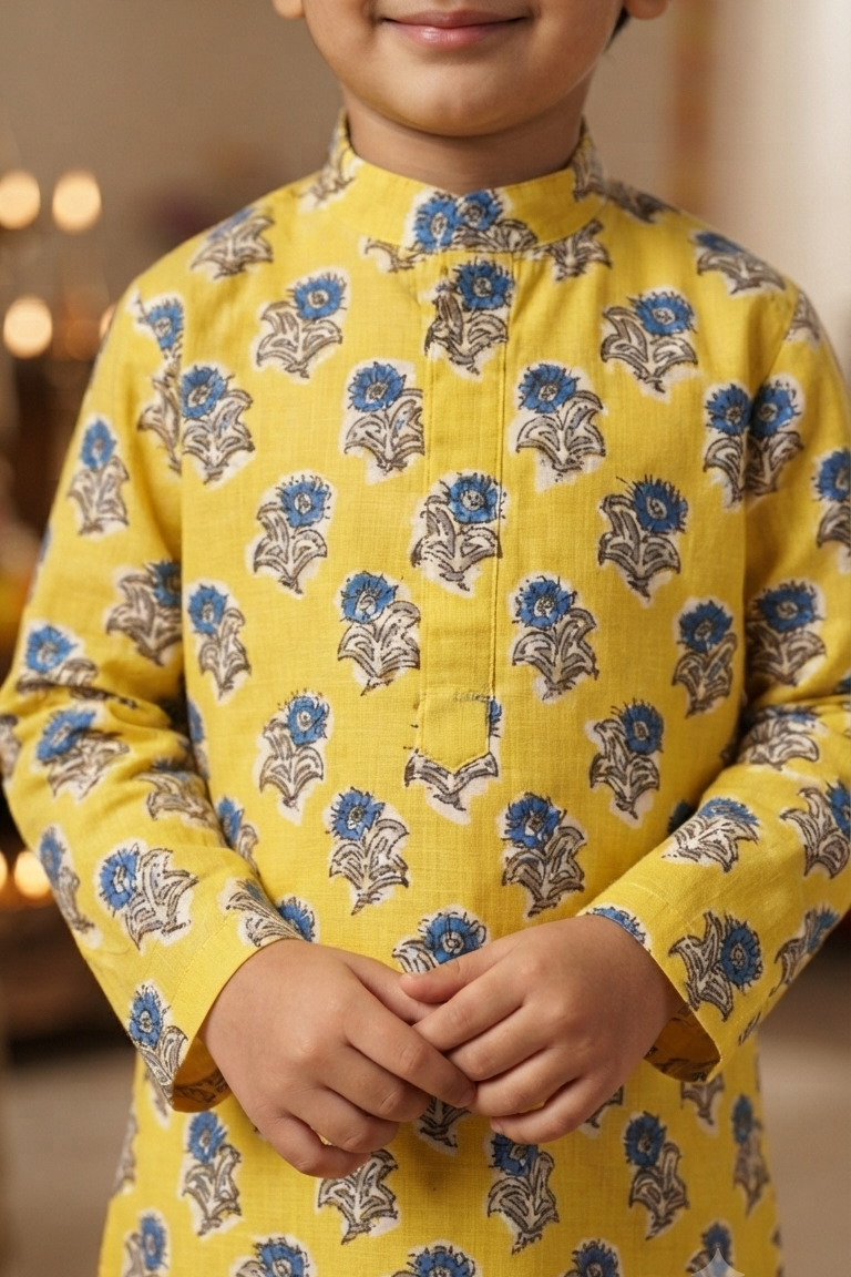 Yellow Boota Kurta Pajama Sets for Boys| Pure Cotton