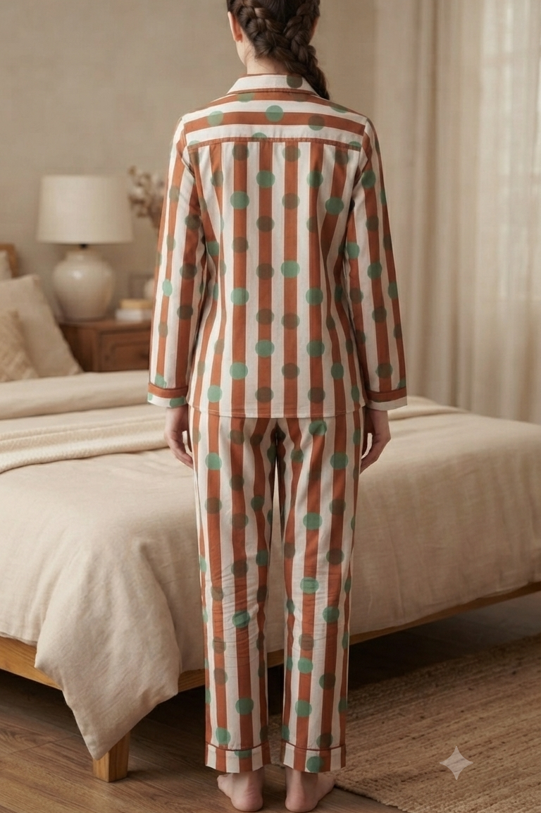 Brown Polka dot Nightsuit For Women| Pure Cotton