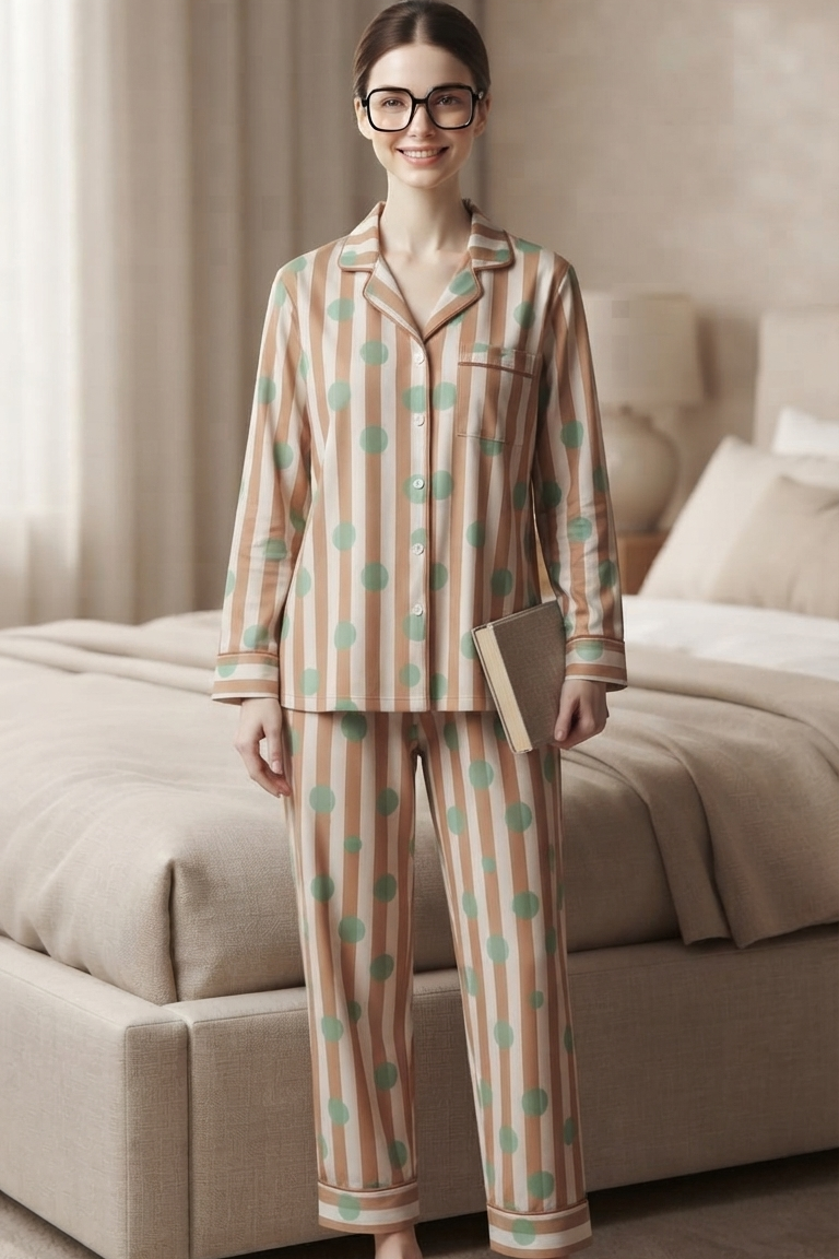 Light Brown Polka dot Nightsuit For Women| Pure Cotton