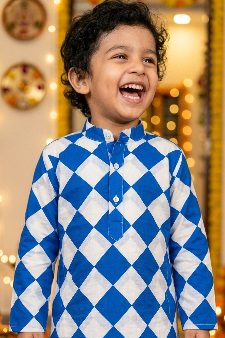 Blue Square  Kurta Pajama Sets for Boys|Pure Cotton