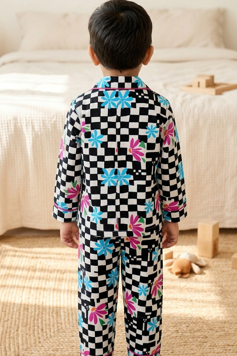 Black Checkerboard Nightsuits for kids| Unisex| Pure Cotton