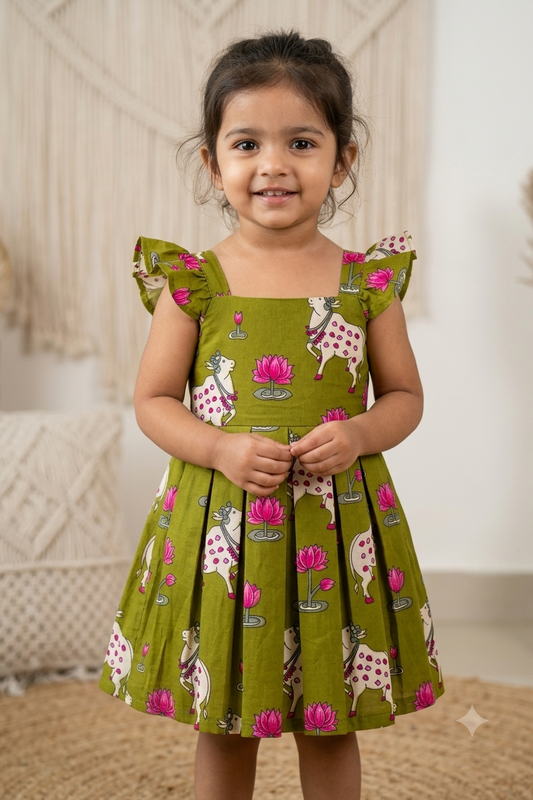 Green Pichwai Girls Dress| Pue Cotton