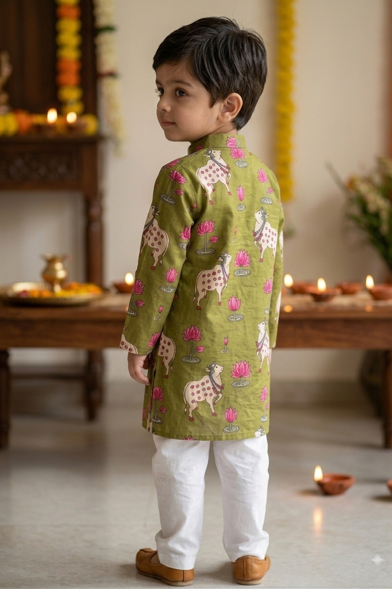 Green Pichwai Kurta Pajama Sets for Boys|Pure Cotton