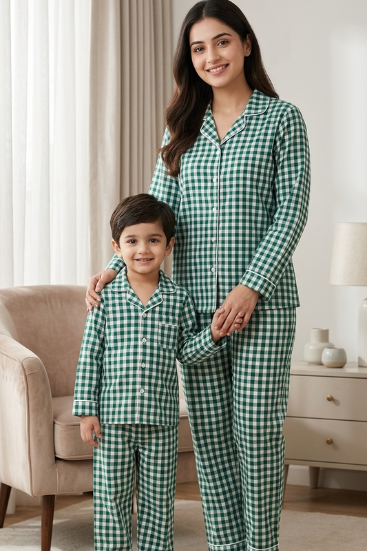 Green Twinning Nightsuit Sets For Mother &  Kids| Pure Cotton