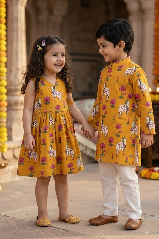 Mustard Pichwai  Siblings Twinning Outfit| Pure Cotton