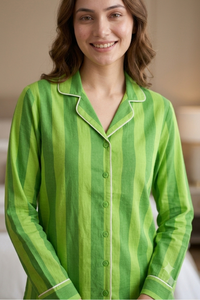 Green Strip Nightsuit For Women| Pure Cotton