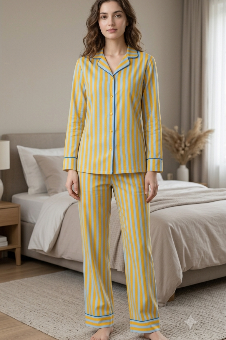 Yellow-Blue Strip Nightsuit For Women| Pure Cotton
