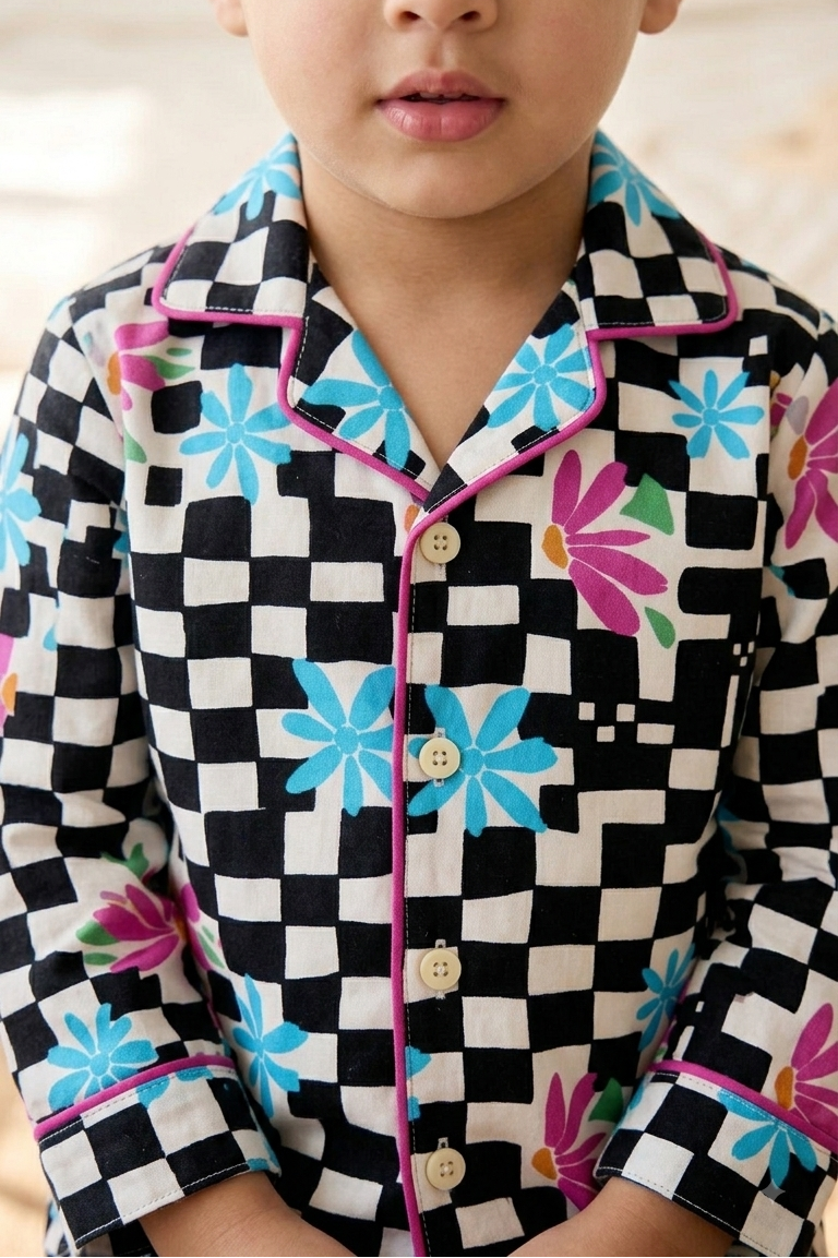 Black Checkerboard Nightsuits for kids| Unisex| Pure Cotton