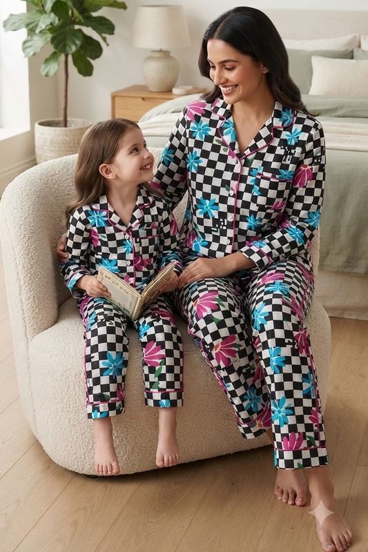 Black Checkerboard Twinning Nightsuit Sets For Mother &  Kids| Pure Cotton