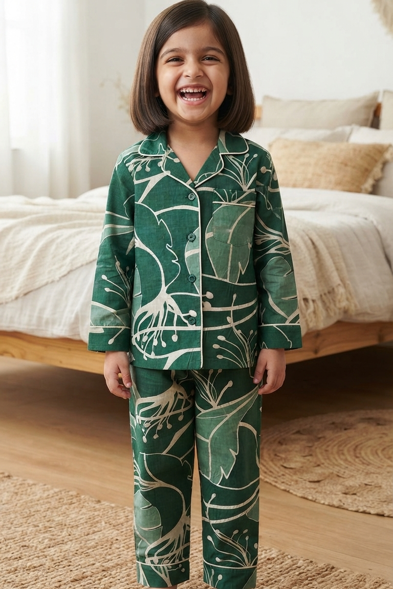 Green Floral Nightsuits for kids| Unisex| Pure Cotton