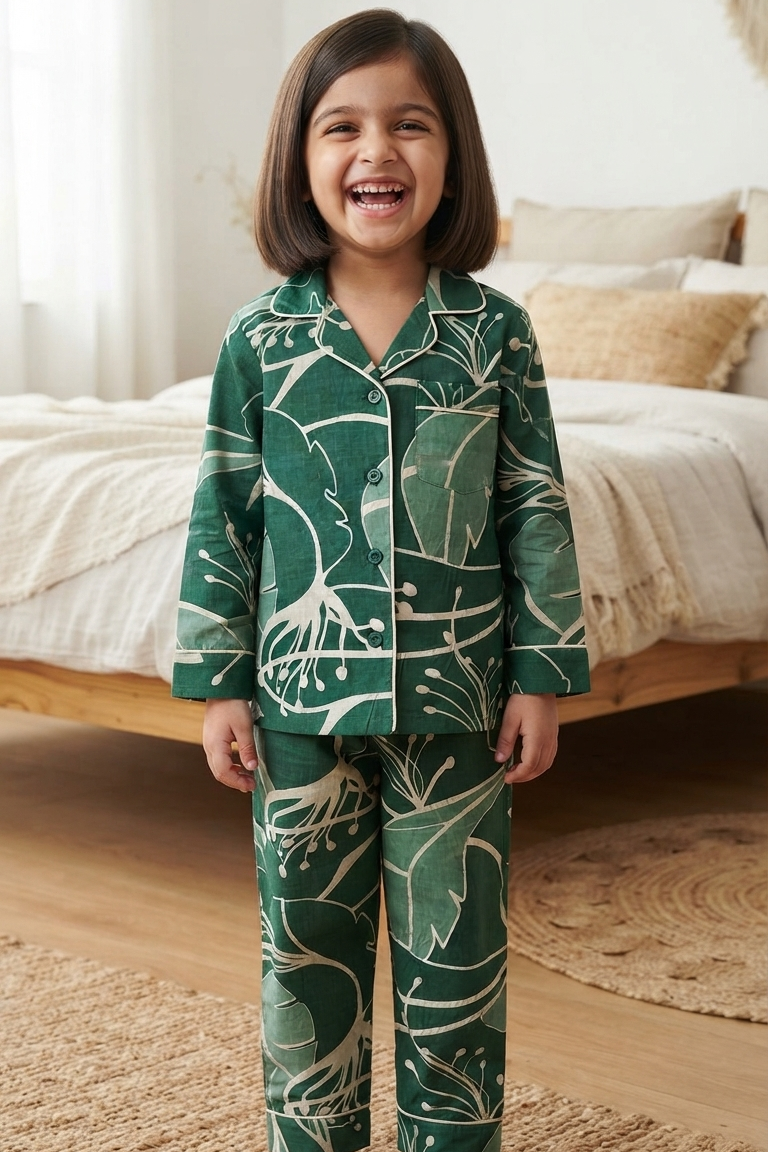 Green Floral Twinning Nightsuit Sets For Mother &  Kids| Pure Cotton