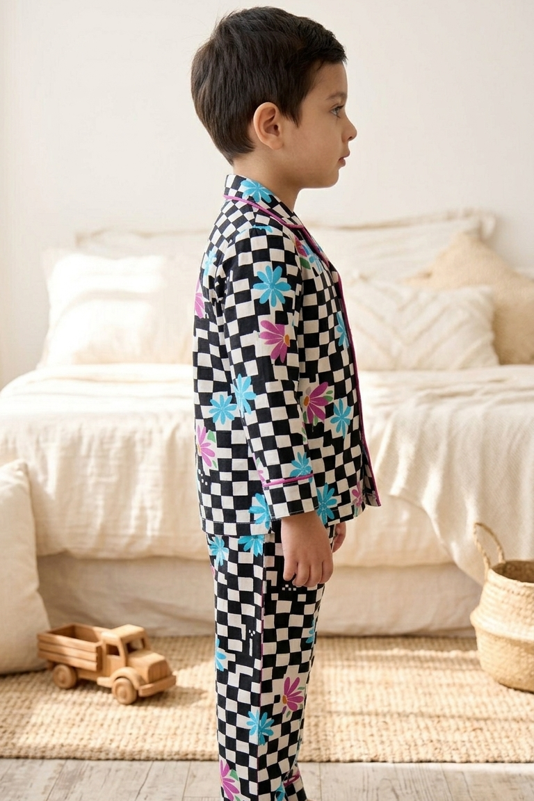 Black Checkerboard Nightsuits for kids| Unisex| Pure Cotton