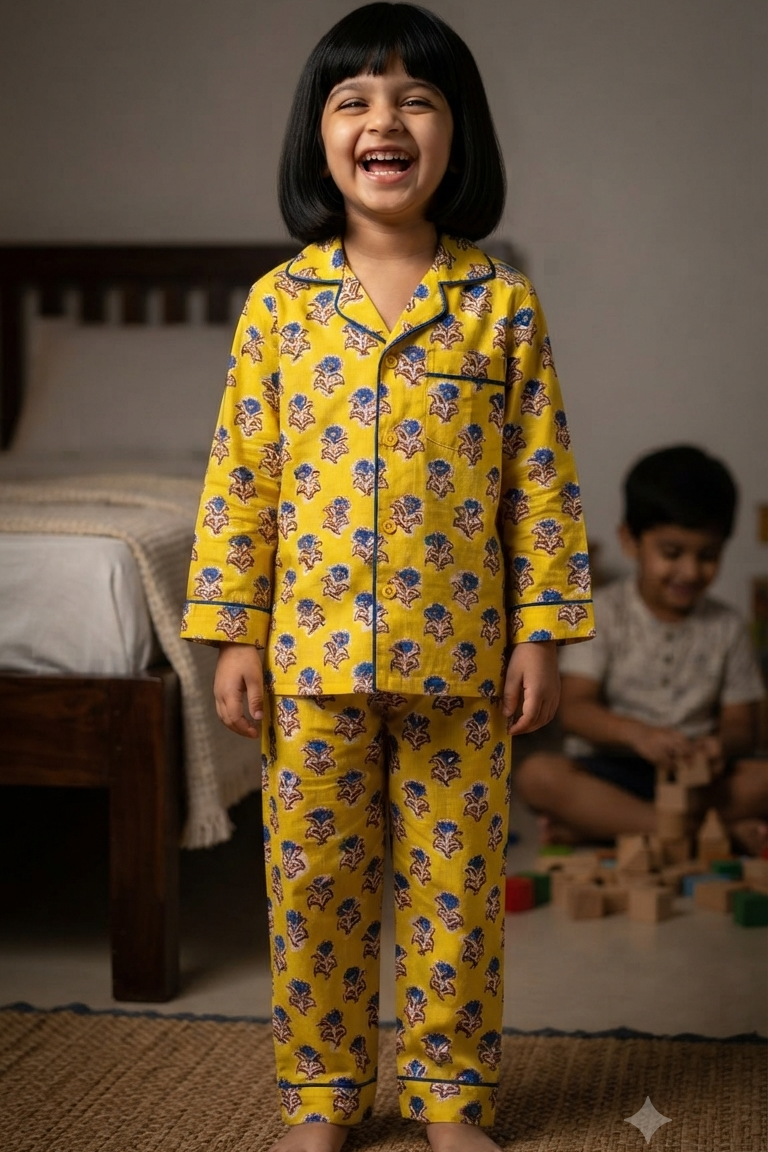 Yellow Boota Twinning Nightsuit Sets For Mother &  Kids| Pure Cotton