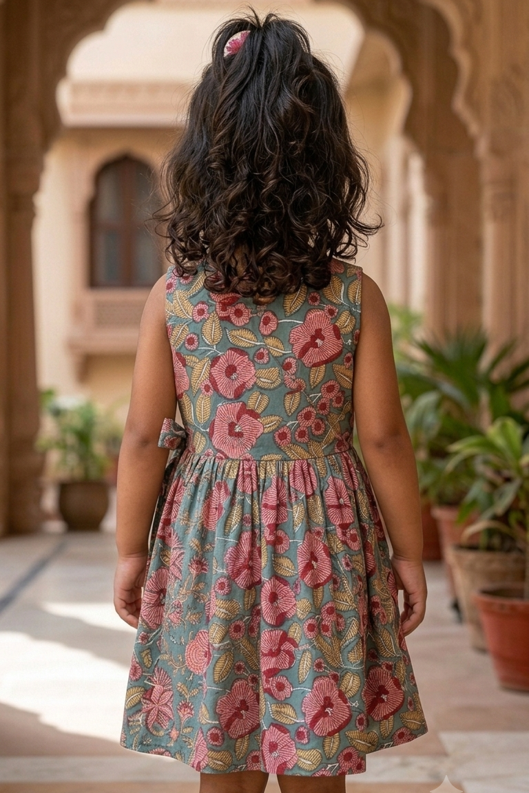 Blue Red Floral Girls Dress| Pue Cotton