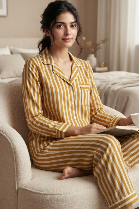 Mustard Strip Nightsuit For Women| Pure Cotton