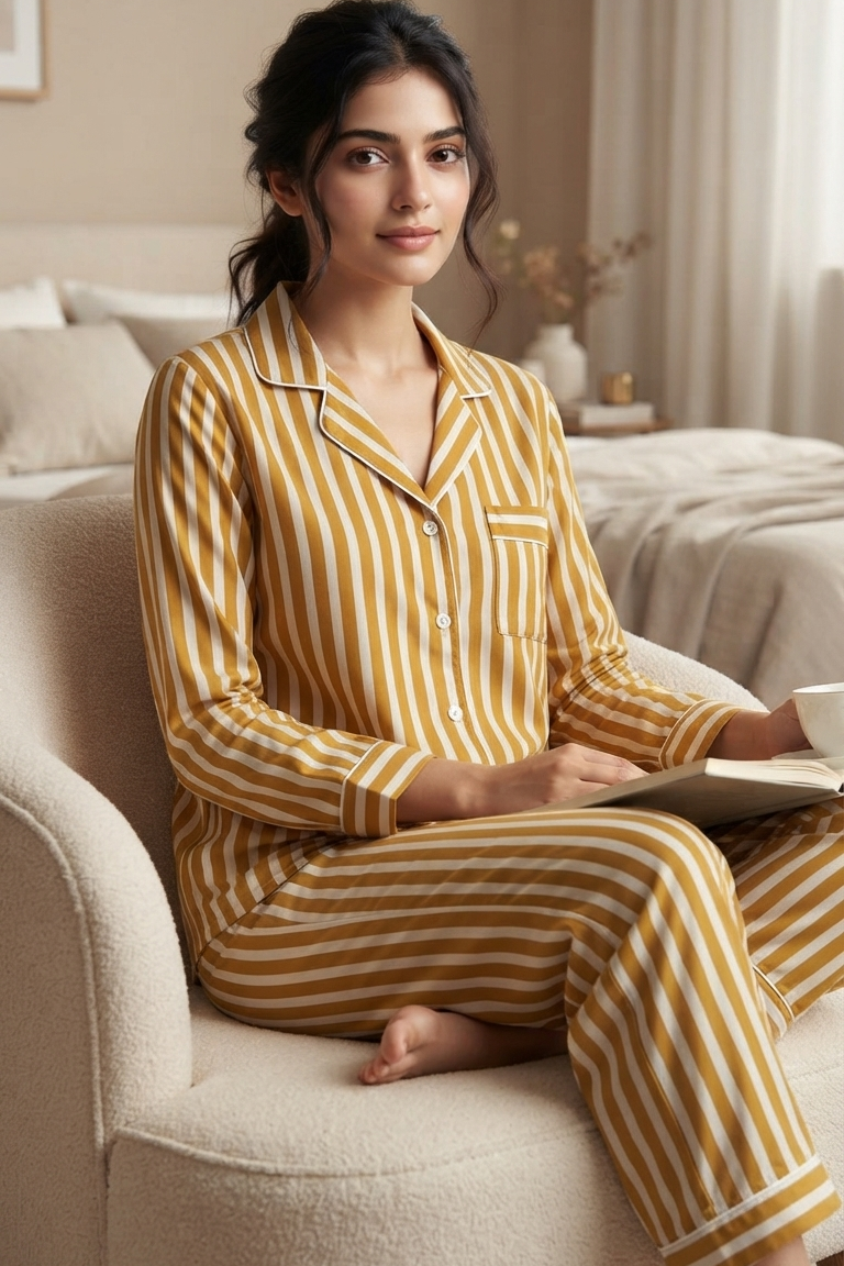 Mustard Strip Twinning Nightsuit Sets For Mother &  Kids| Pure Cotton