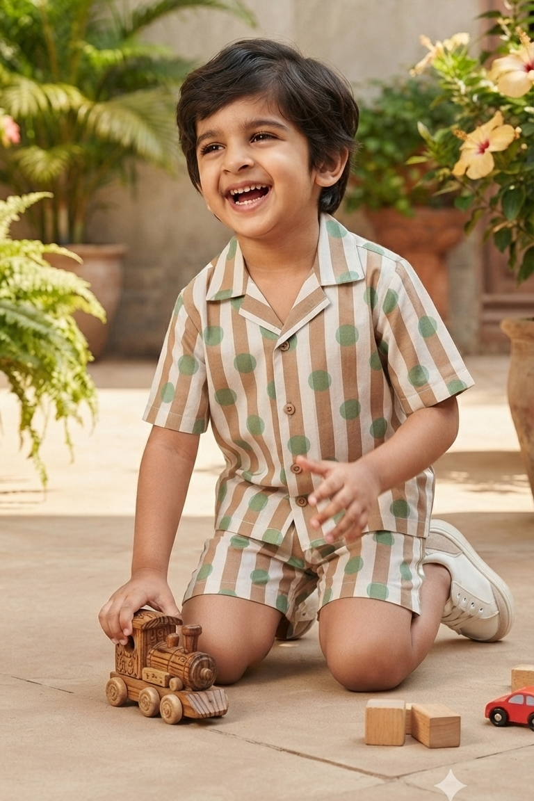 Brown Polka Dot Co-ords Set for Boys| Pure Cotton