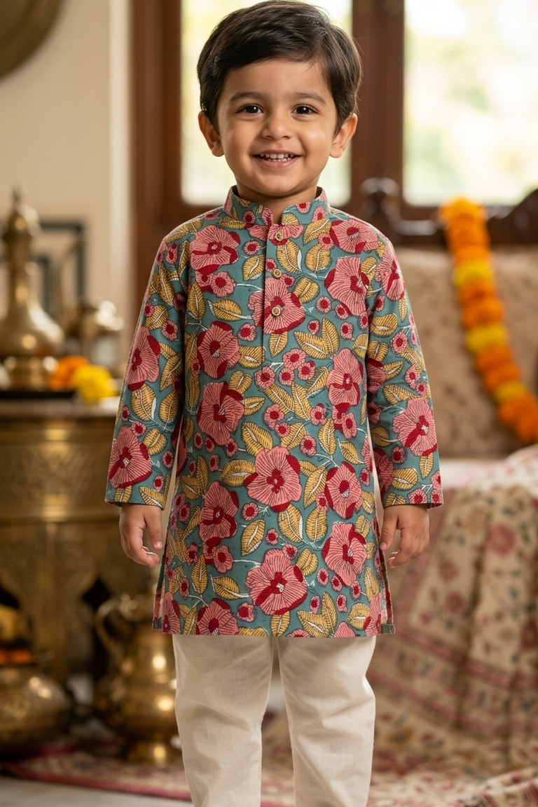 Blue Red Floral Siblings Twinning Outfit| Pure Cotton