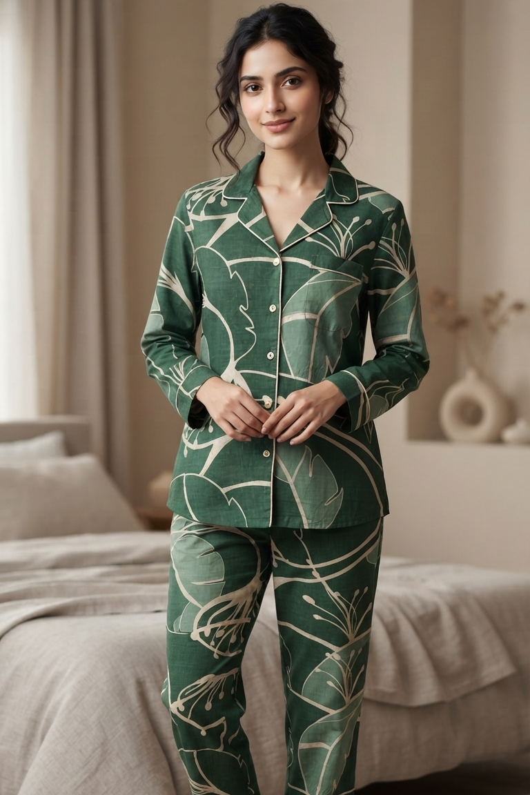 Green Floral Nightsuit For Women| Pure Cotton