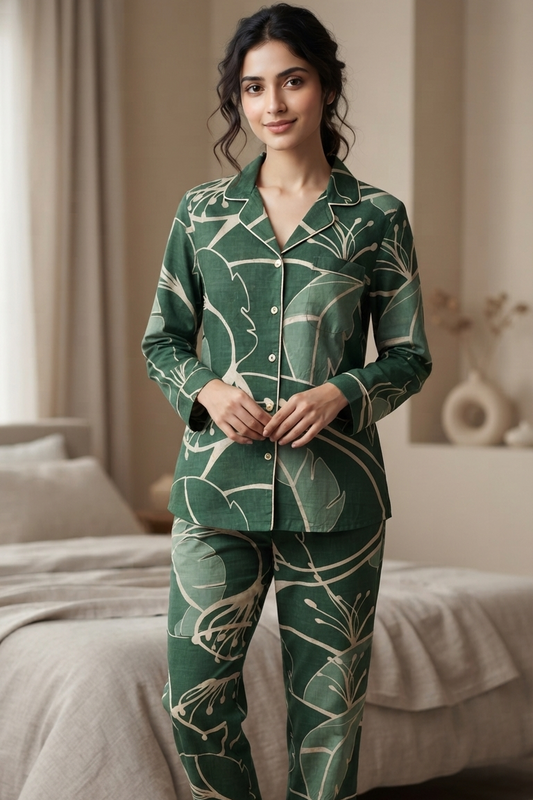 Green Floral Nightsuit For Women| Pure Cotton