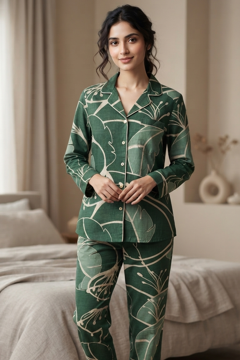 Green Floral Twinning Nightsuit Sets For Mother &  Kids| Pure Cotton