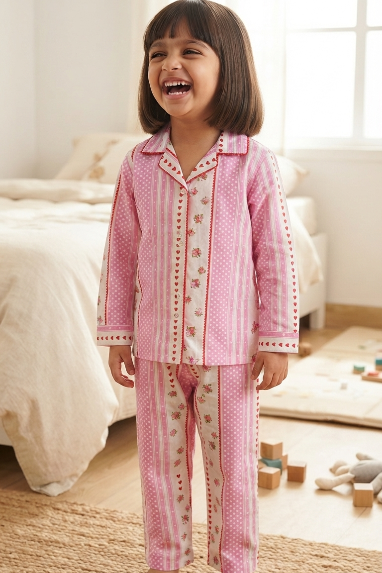 Pink Floral Nightsuits for kids| Unisex| Pure Cotton