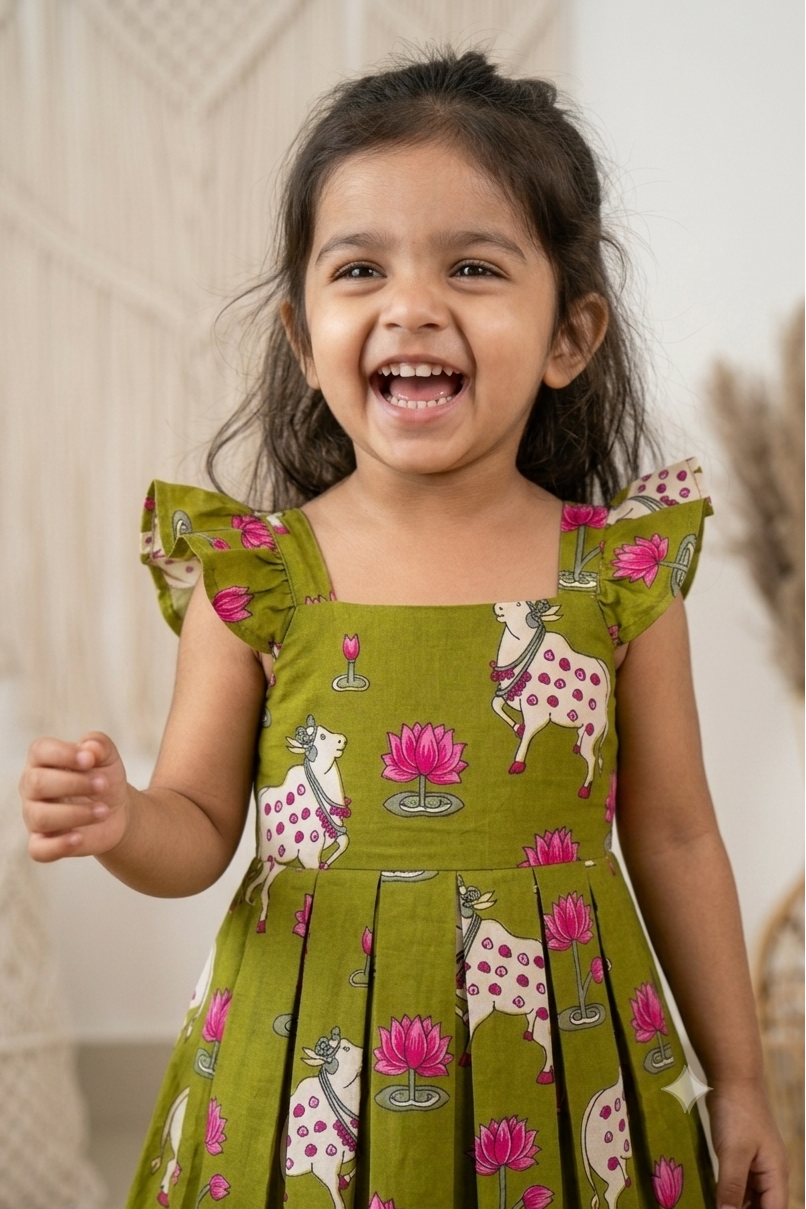 Green Pichwai Girls Dress| Pue Cotton