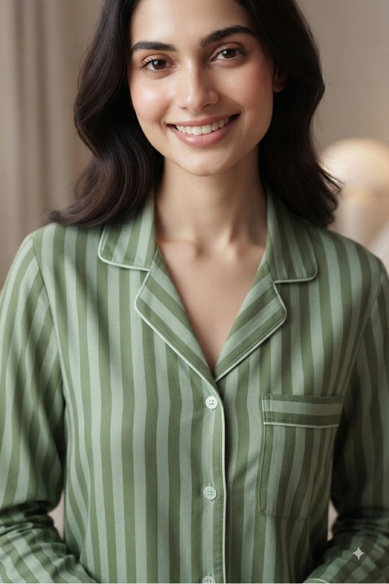 Olive Green  Strip Nightsuit For Women| Pure Cotton