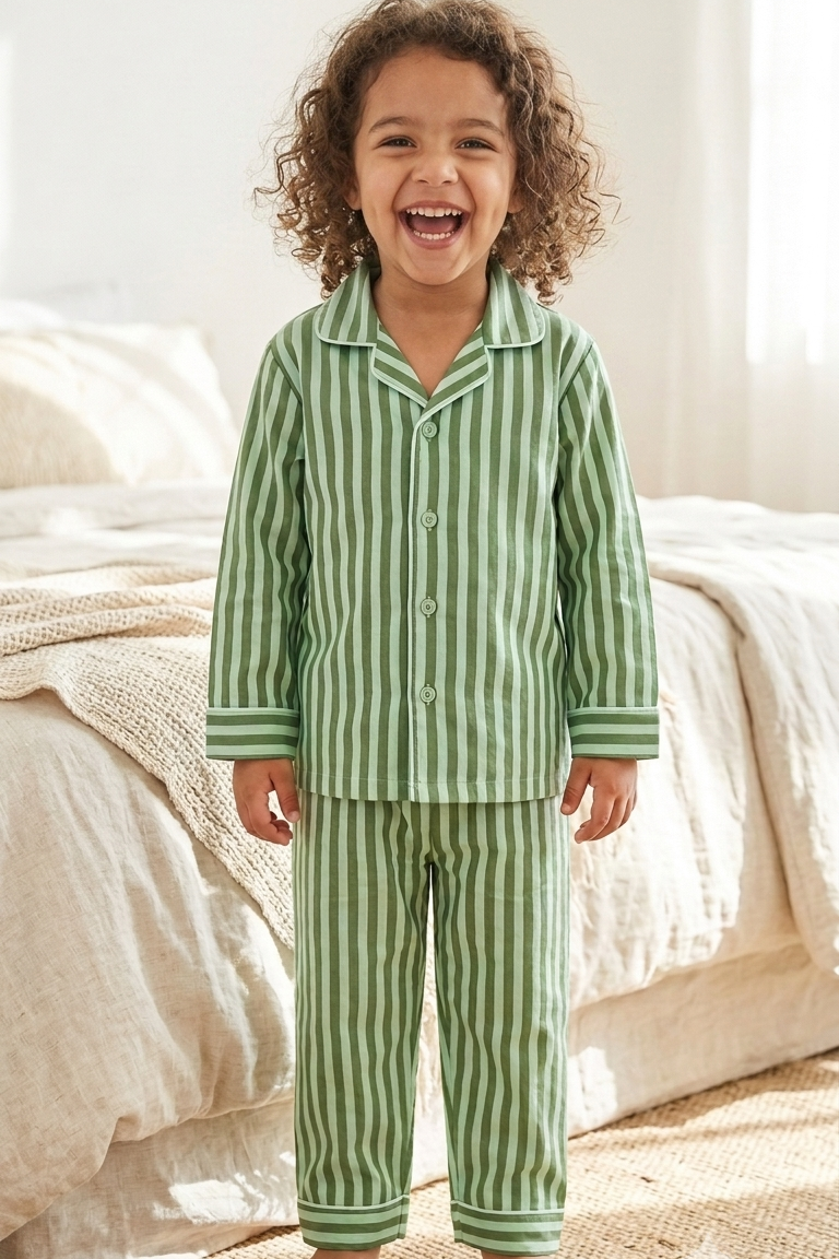 Olive Strip Nightsuits for kids| Unisex| Pure Cotton