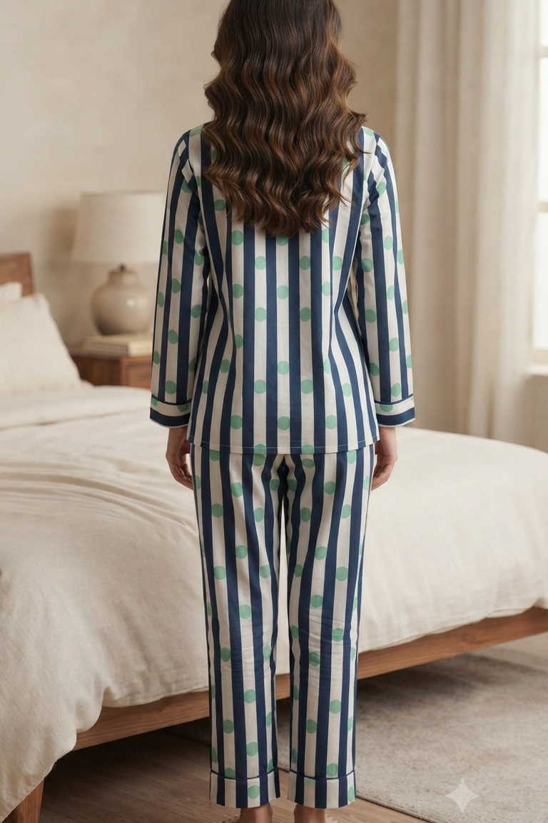 Blue Polka dot Nightsuit For Women| Pure Cotton