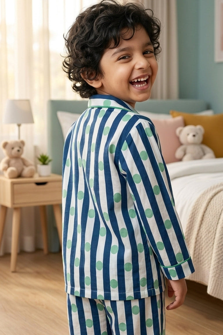 Blue Polka Dot Nightsuits for kids| Unisex| Pure Cotton