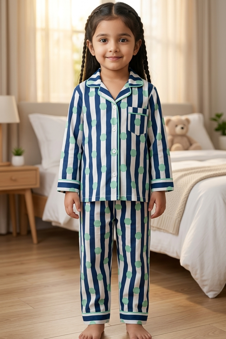 Blue Polka Dot Nightsuits for kids| Unisex| Pure Cotton