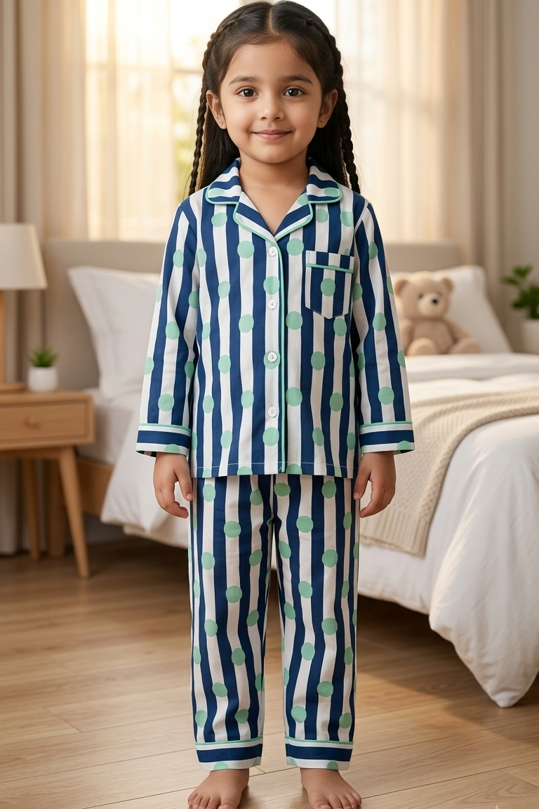 Blue Polka Dot Twinning Nightsuit Sets For Mother &  Kids| Pure Cotton