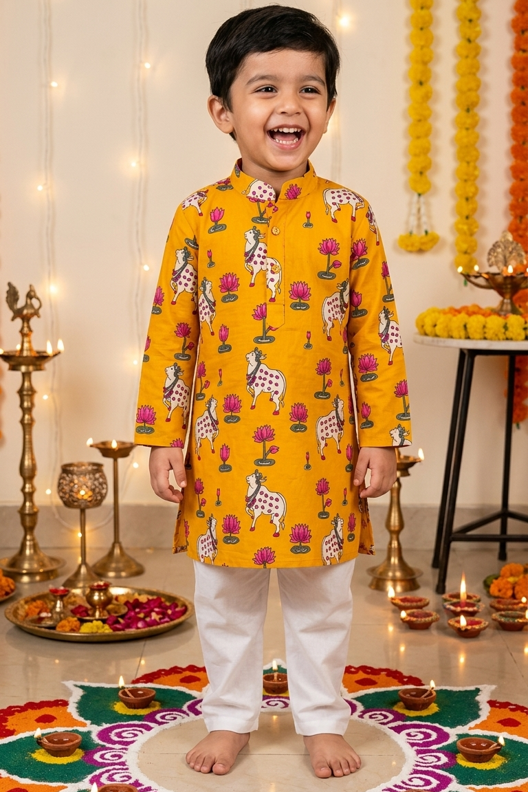Mustard Pichwai Kurta Pajama Sets for Boys|Pure Cotton