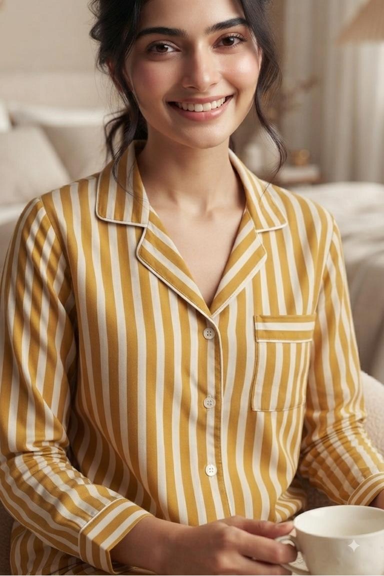 Mustard Strip Nightsuit For Women| Pure Cotton