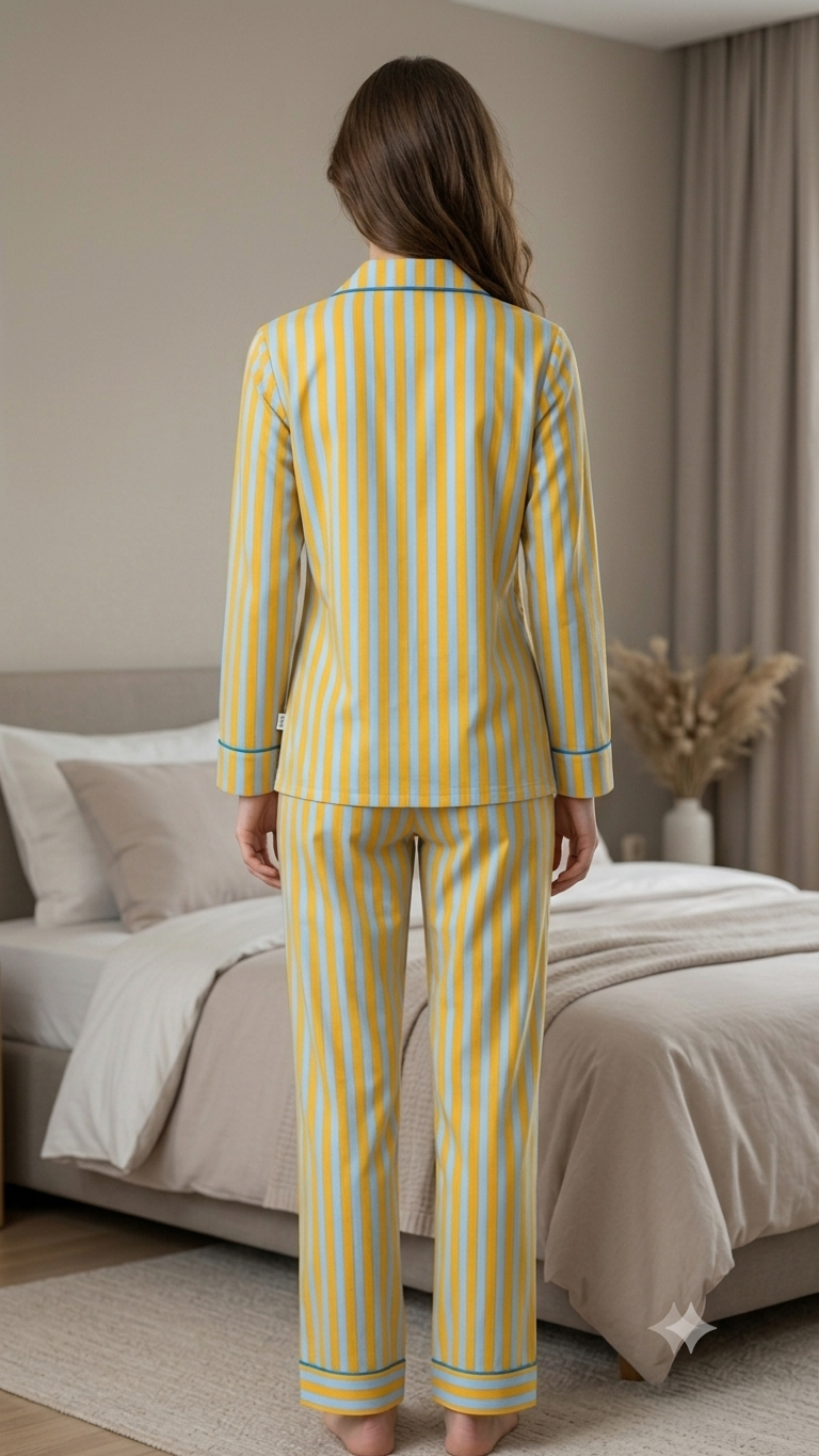 Yellow-Blue Strip Nightsuit For Women| Pure Cotton