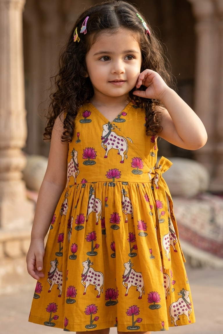 Mustard Pichwai Girls Dress| Pue Cotton