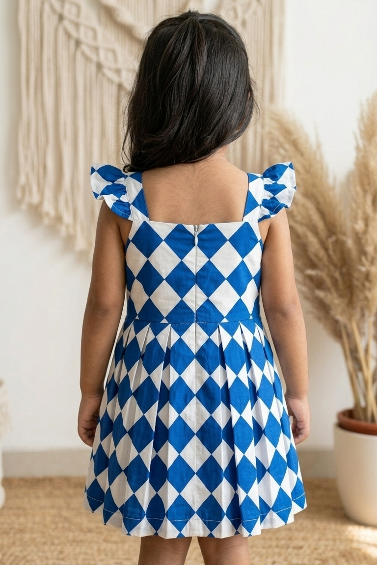 Blue Squre Girls Dress| Pue Cotton