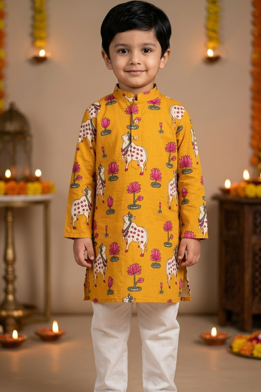 Mustard Pichwai Kurta Pajama Sets for Boys|Pure Cotton