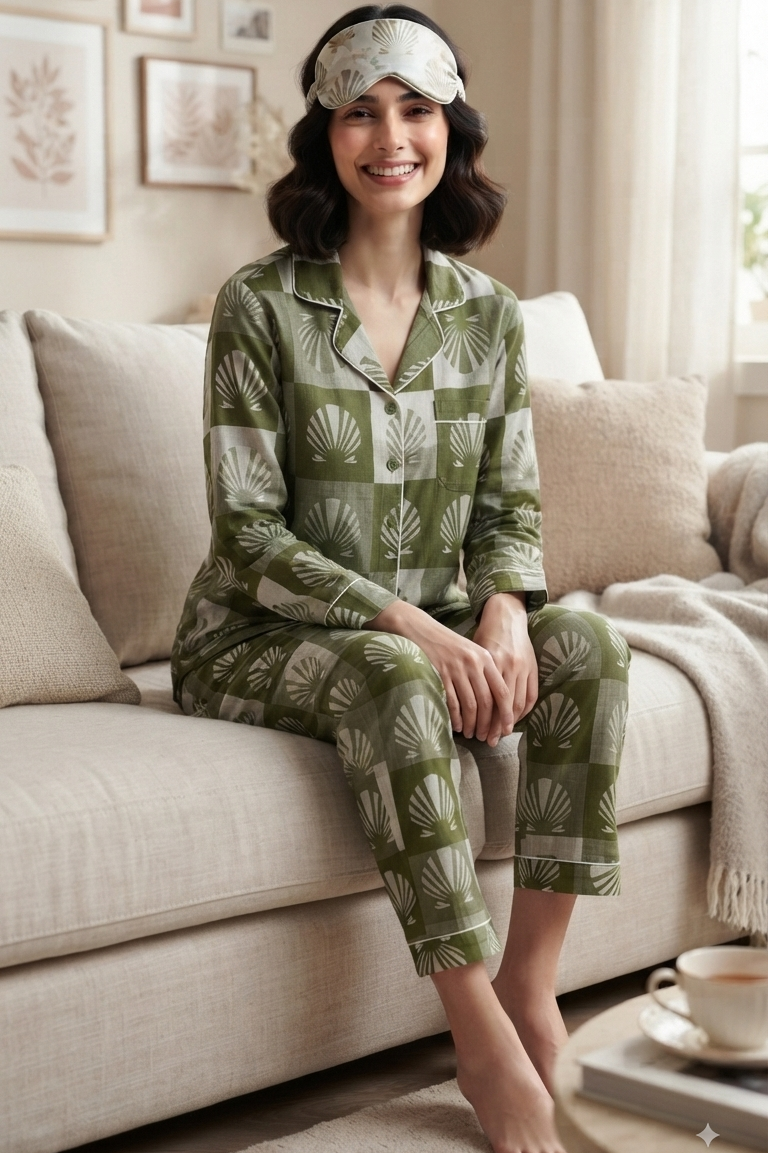 Green Shell Nightsuit For Women| Pure Cotton