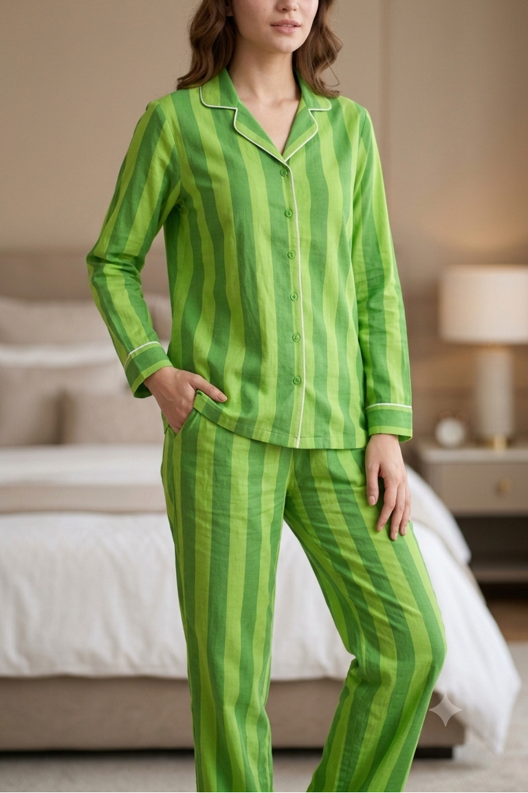 Green Strip Nightsuit For Women| Pure Cotton