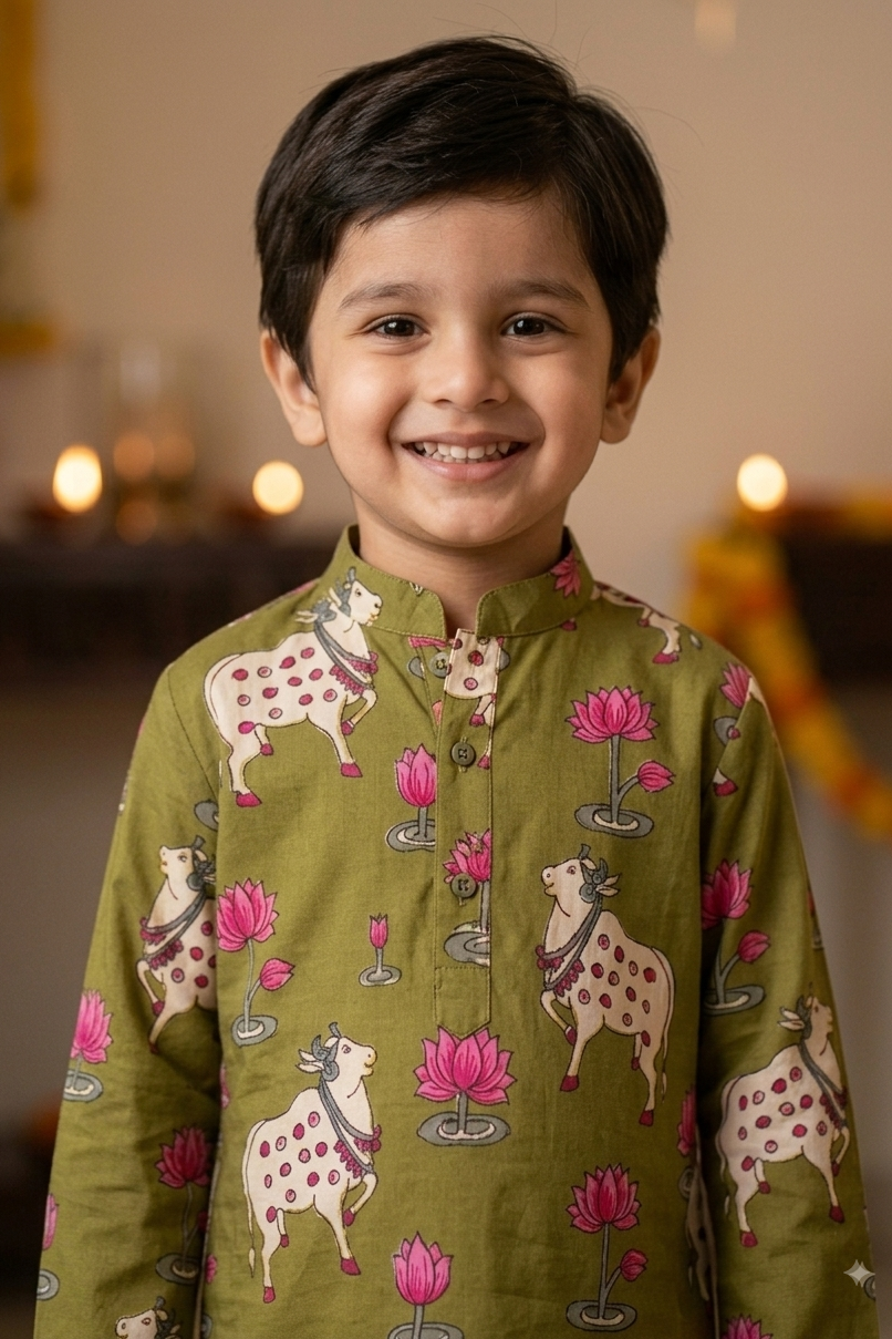 Green Pichwai Kurta Pajama Sets for Boys|Pure Cotton