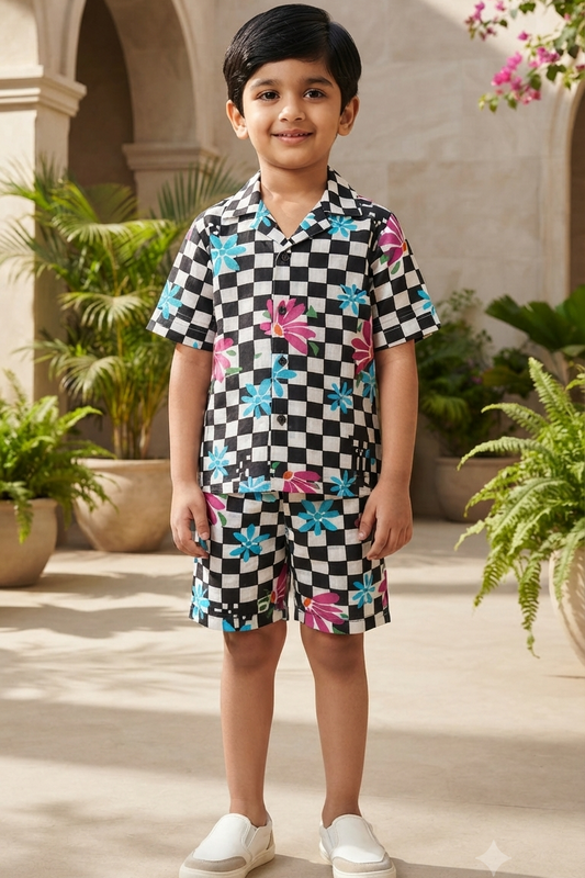 Black Checkerboard Co-ords Set for Boys| Pure Cotton